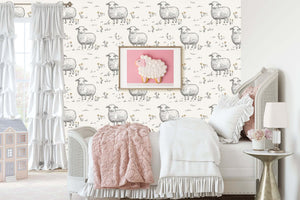 Sweet Sheep Dreamscape wallpaper in nursery with hand-drawn sheep and florals, ideal for modern children and baby playroom decor.