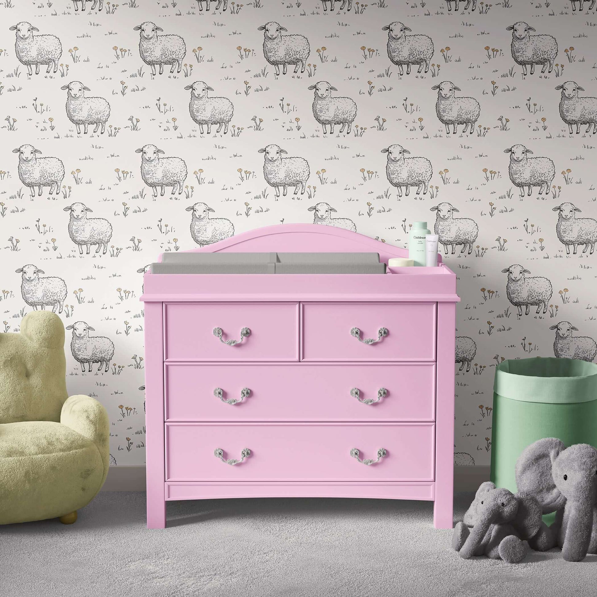 Sweet Sheep Dreamscape wallpaper with hand-drawn sheep in nursery, featuring modern design, perfect for children and baby rooms.