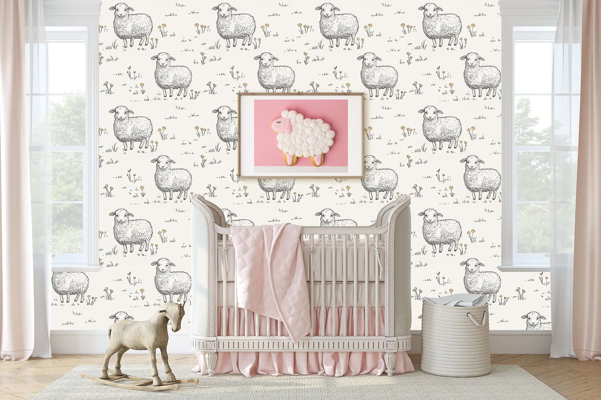 Charming nursery with Sweet Sheep Dreamscape wallpaper featuring hand-drawn sheep, perfect for baby rooms and modern design.