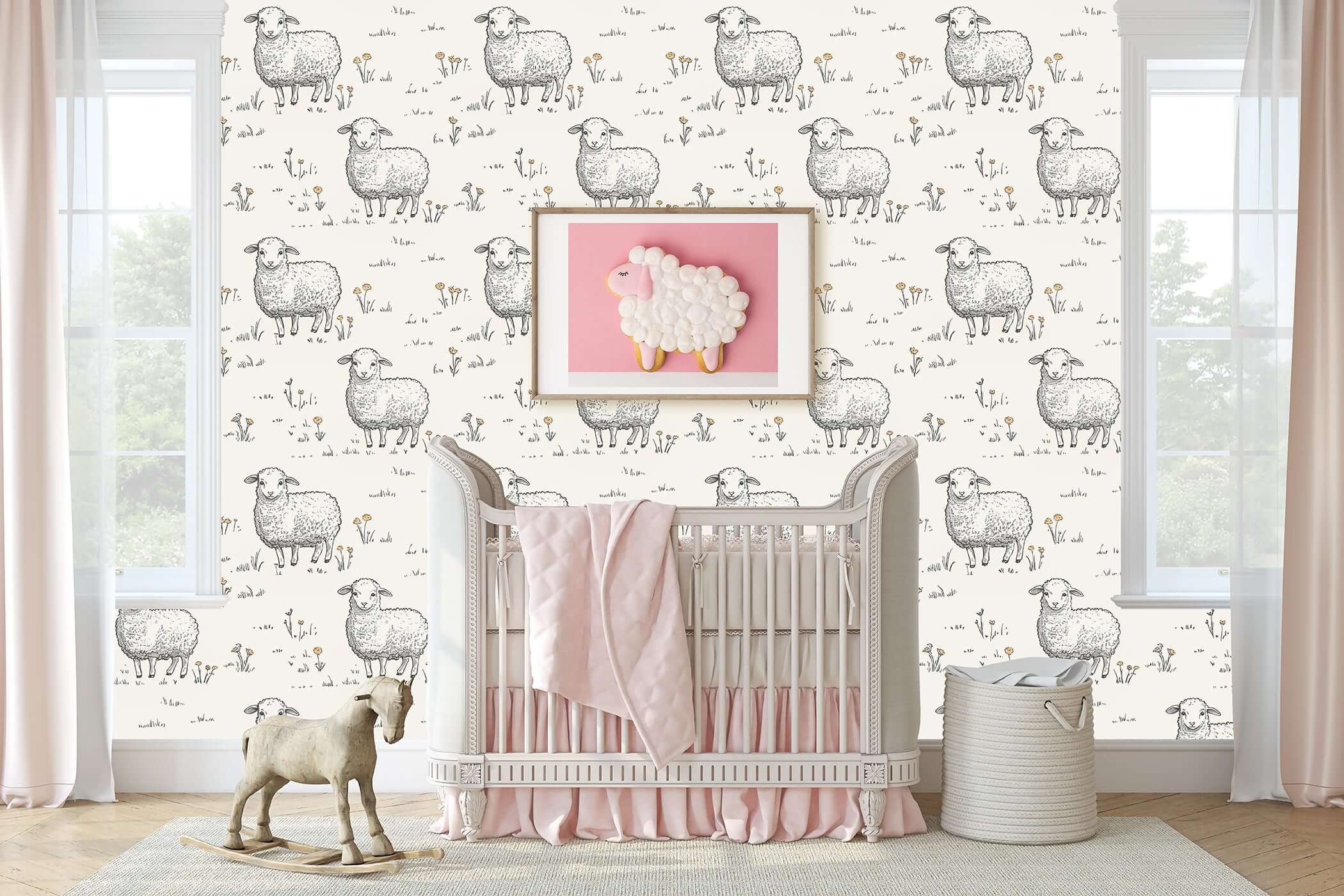 Charming nursery with Sweet Sheep Dreamscape wallpaper featuring hand-drawn sheep, perfect for baby rooms and modern design.