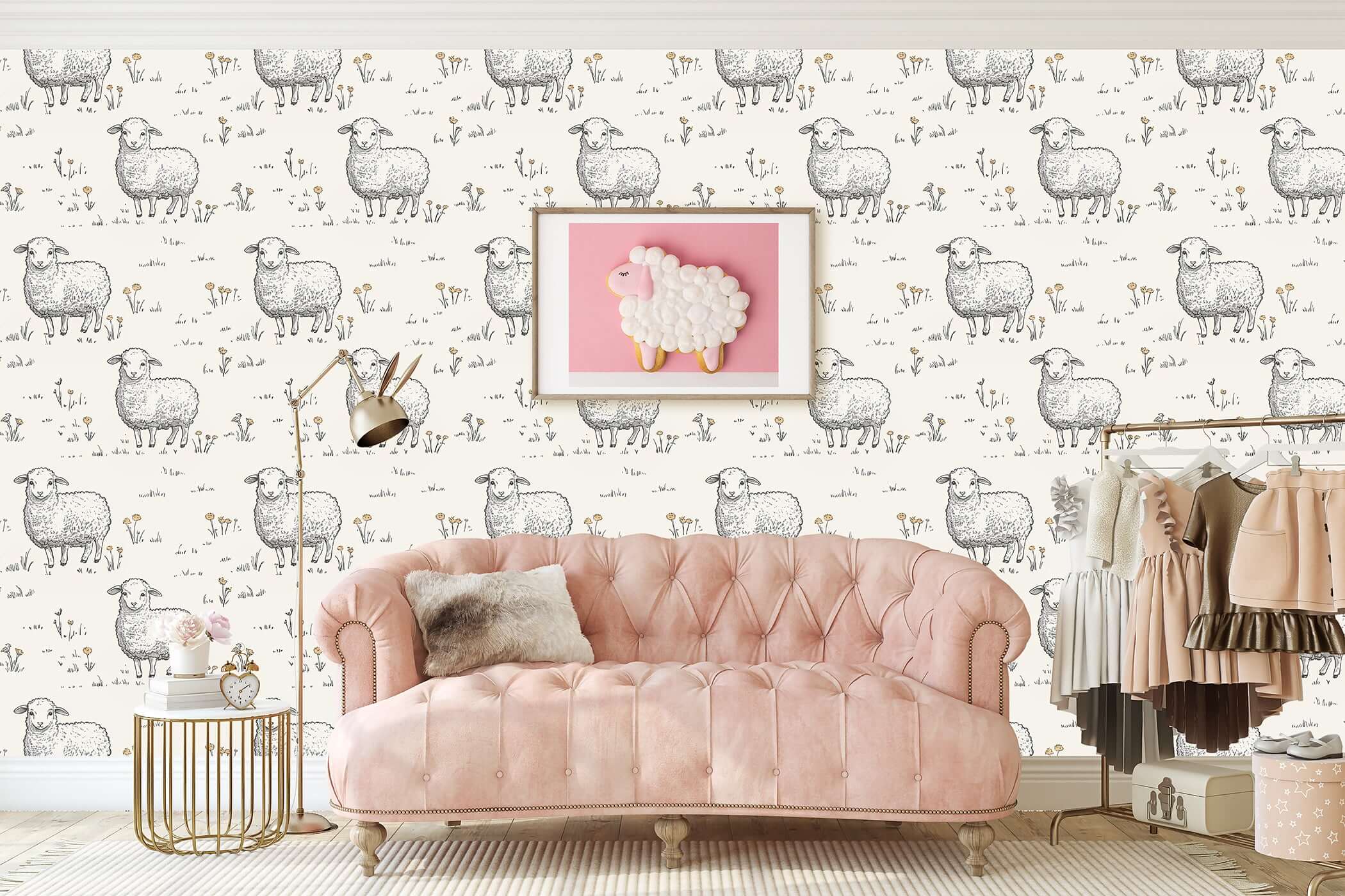 Sweet Sheep Dreamscape wallpaper with hand-drawn sheep, ideal for nurseries, kids' rooms, and modern farm-inspired spaces.