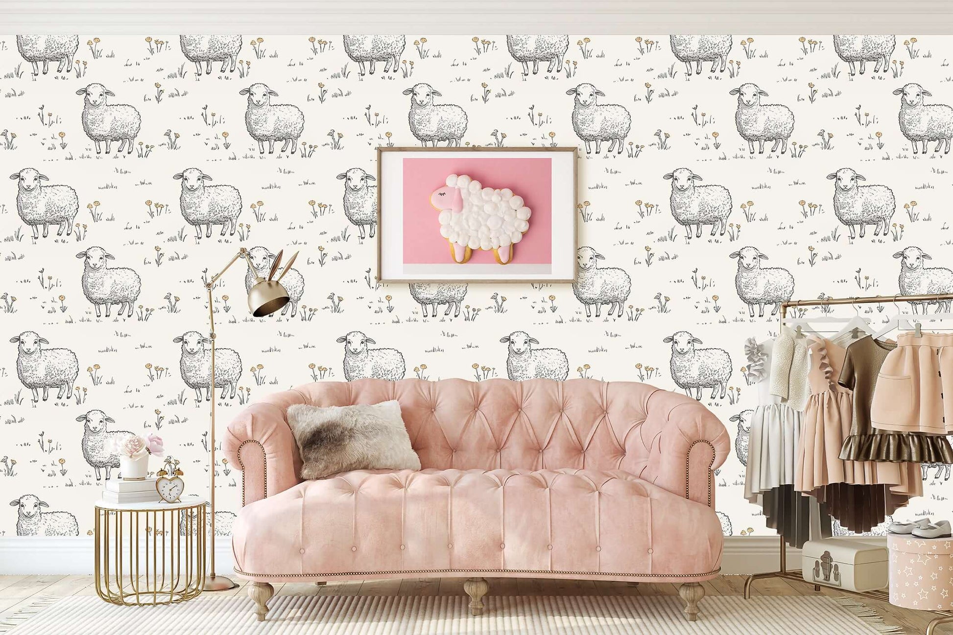 Sweet Sheep Dreamscape wallpaper with hand-drawn sheep, ideal for nurseries, kids' rooms, and modern farm-inspired spaces.