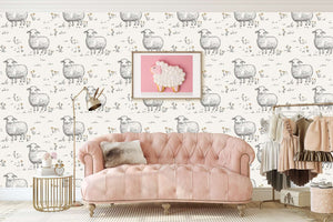 Sweet Sheep Dreamscape wallpaper with hand-drawn sheep, ideal for nurseries, kids' rooms, and modern farm-inspired spaces.