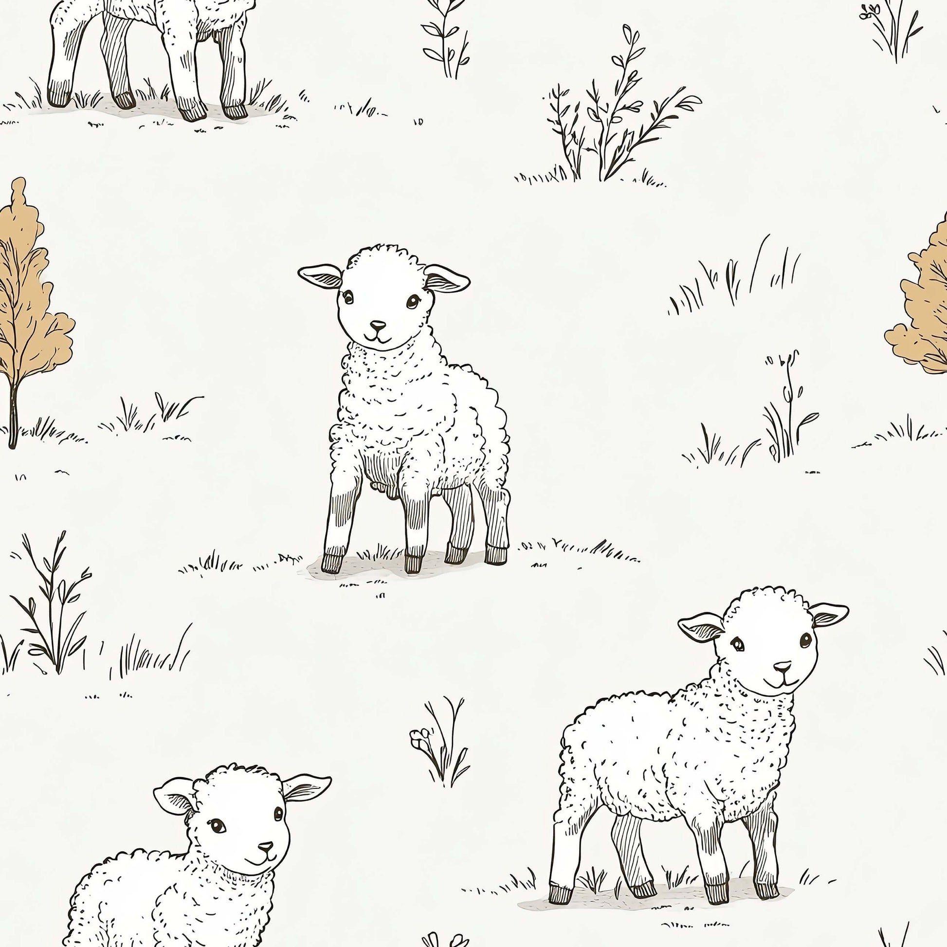 Adorable hand-drawn lambs on "Little Lamb Pastures" wallpaper, perfect for nurseries, playrooms, or modern design spaces.