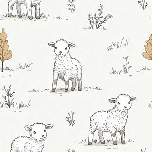 Adorable hand-drawn lambs on "Little Lamb Pastures" wallpaper, perfect for nurseries, playrooms, or modern design spaces.