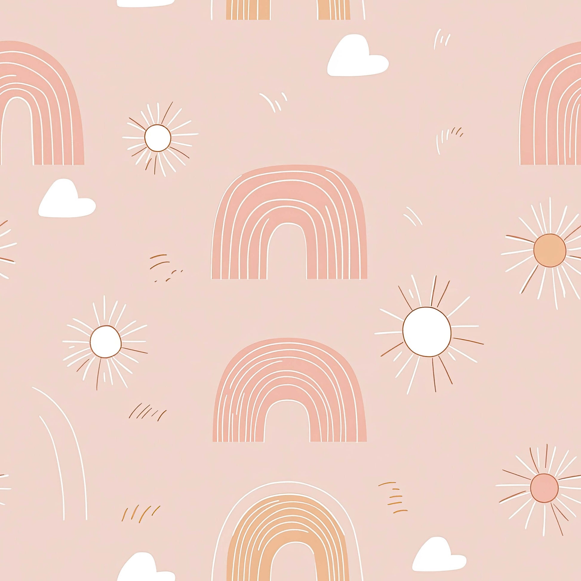 Dreamy Rainbows wallpaper with pink tones, hand-drawn rainbows, suns, and clouds; perfect for nurseries, playrooms, and modern children’s decor.