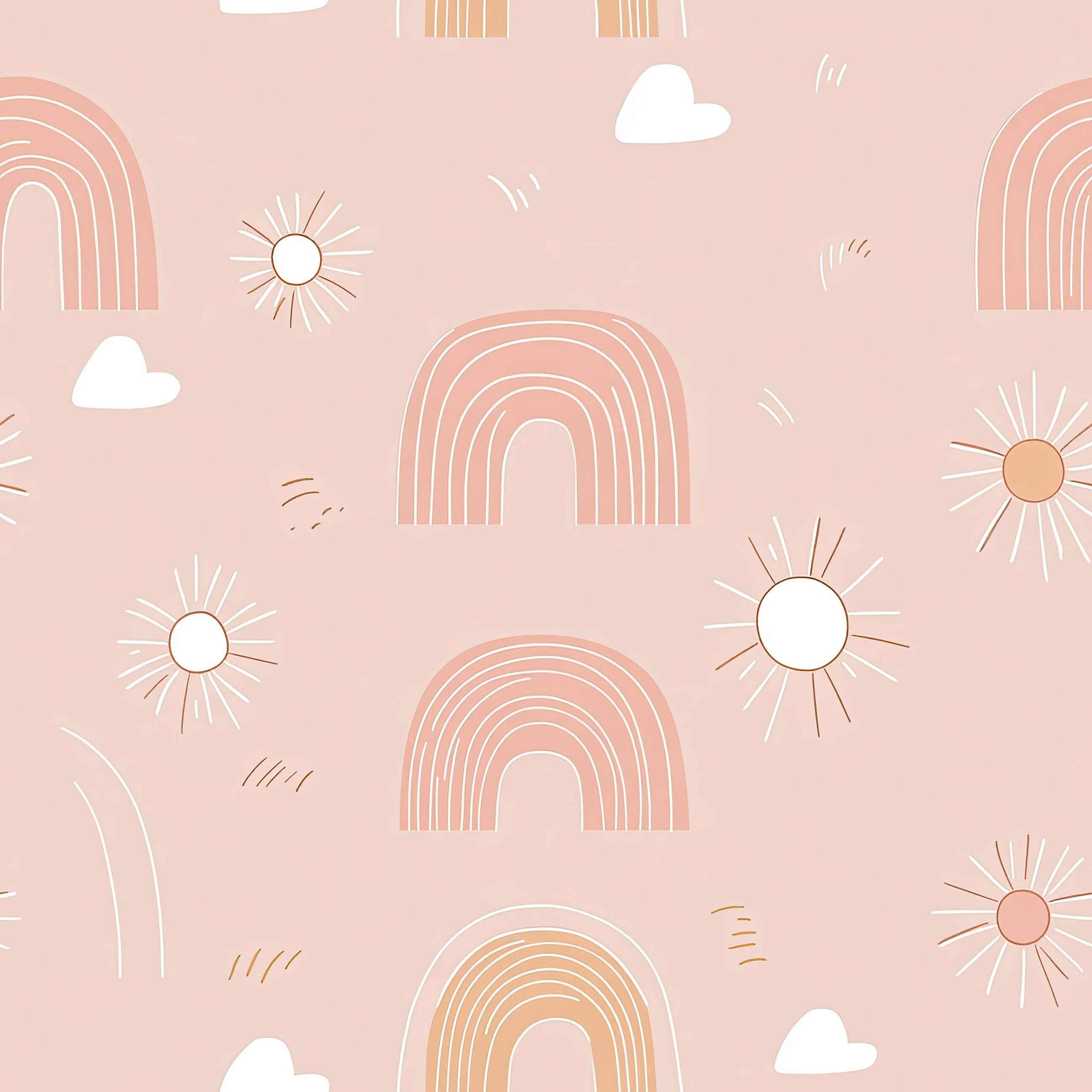 Dreamy Rainbows wallpaper with pink tones, hand-drawn rainbows, suns, and clouds; perfect for nurseries, playrooms, and modern children’s decor.