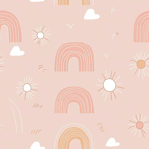 Dreamy Rainbows wallpaper with pink tones, hand-drawn rainbows, suns, and clouds; perfect for nurseries, playrooms, and modern children’s decor.