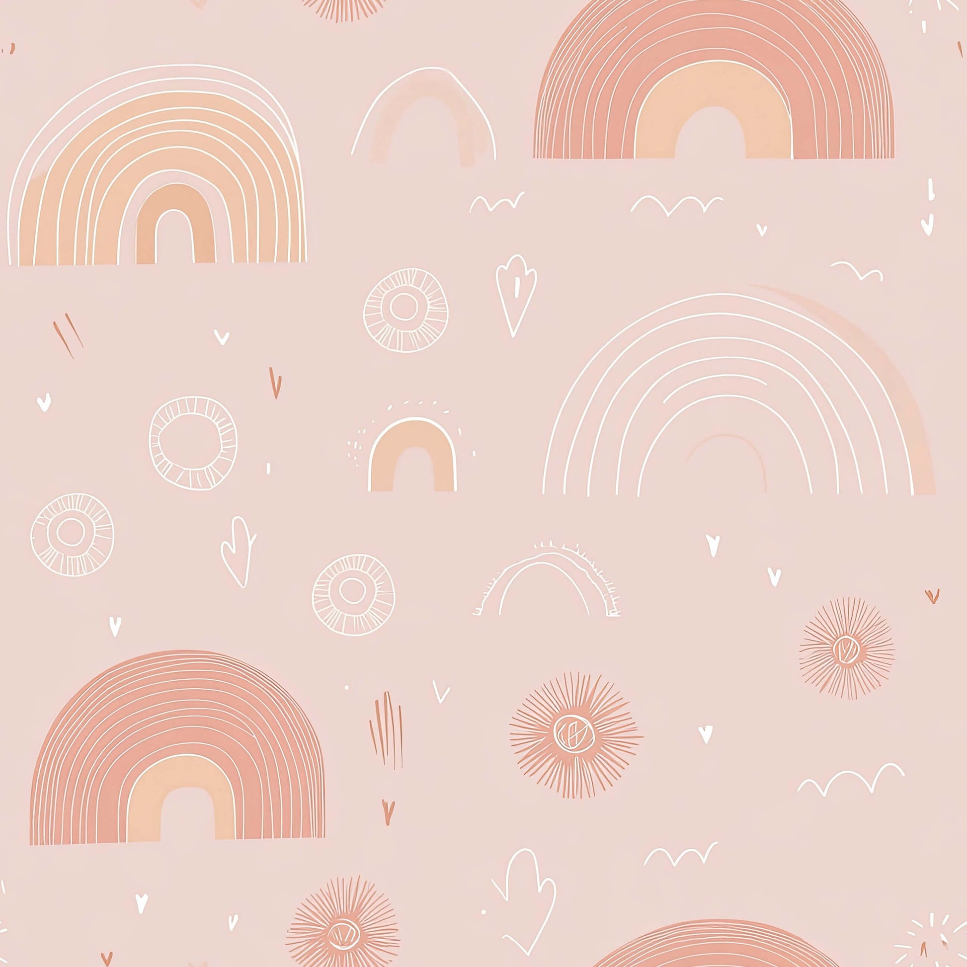 Pastel Rainbow Delight wallpaper with pink hand-drawn rainbows and sunbursts, perfect for modern nurseries and children's playrooms.