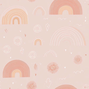 Pastel Rainbow Delight wallpaper with pink hand-drawn rainbows and sunbursts, perfect for modern nurseries and children's playrooms.
