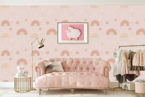 Cozy room with pastel rainbow wallpaper, plush pink couch, and playful nursery art featuring soft colors for a whimsical children's space.