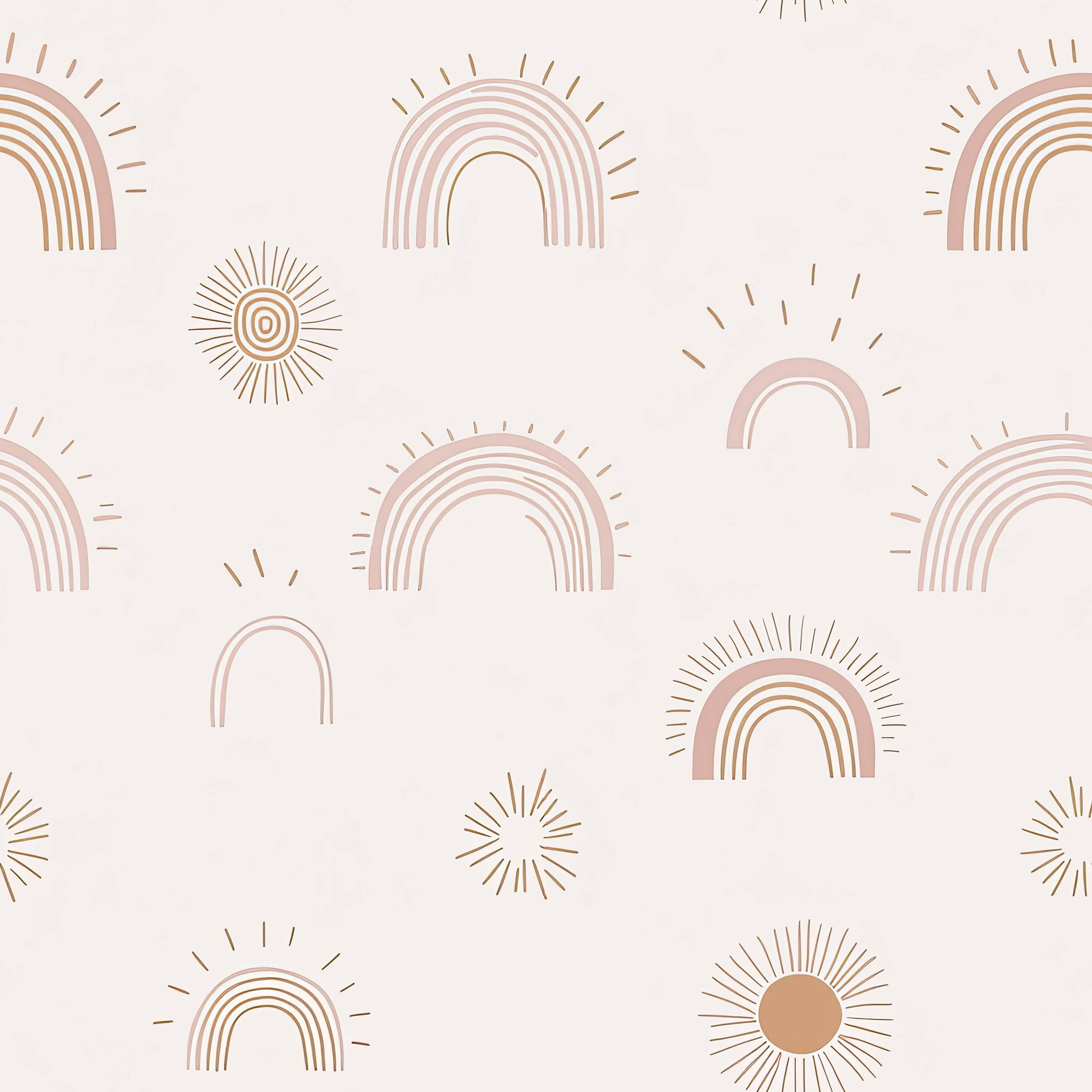 Sunshine and Rainbows wallpaper featuring hand-drawn rainbows and suns in blush and tan, perfect for modern nurseries or playrooms.
