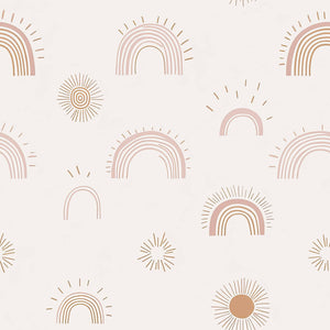 Sunshine and Rainbows wallpaper featuring hand-drawn rainbows and suns in blush and tan, perfect for modern nurseries or playrooms.