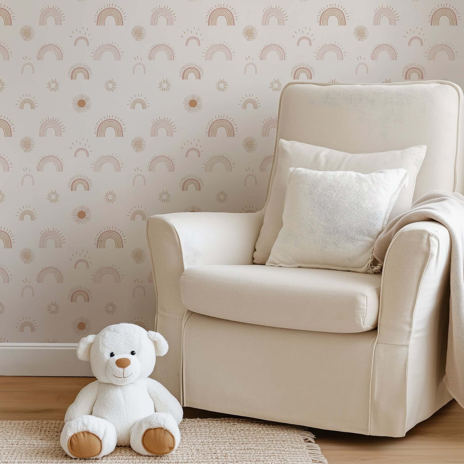 Cozy nursery with Sunshine and Rainbows wallpaper featuring playful rainbows and suns, ideal for modern baby spaces and playrooms.
