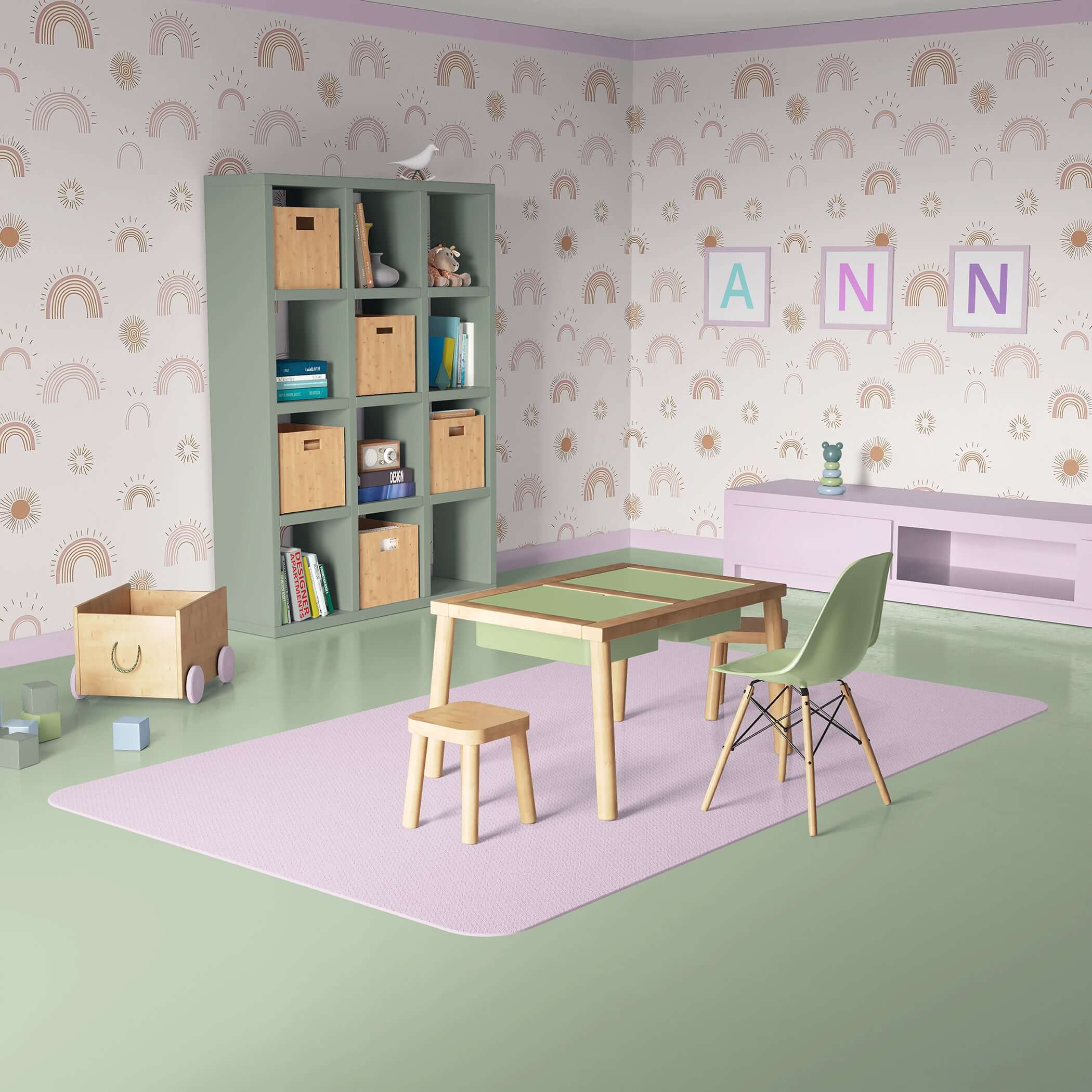 Modern nursery with Sunshine and Rainbows wallpaper, featuring playful rainbow designs and neutral tones for a cozy children's playroom.