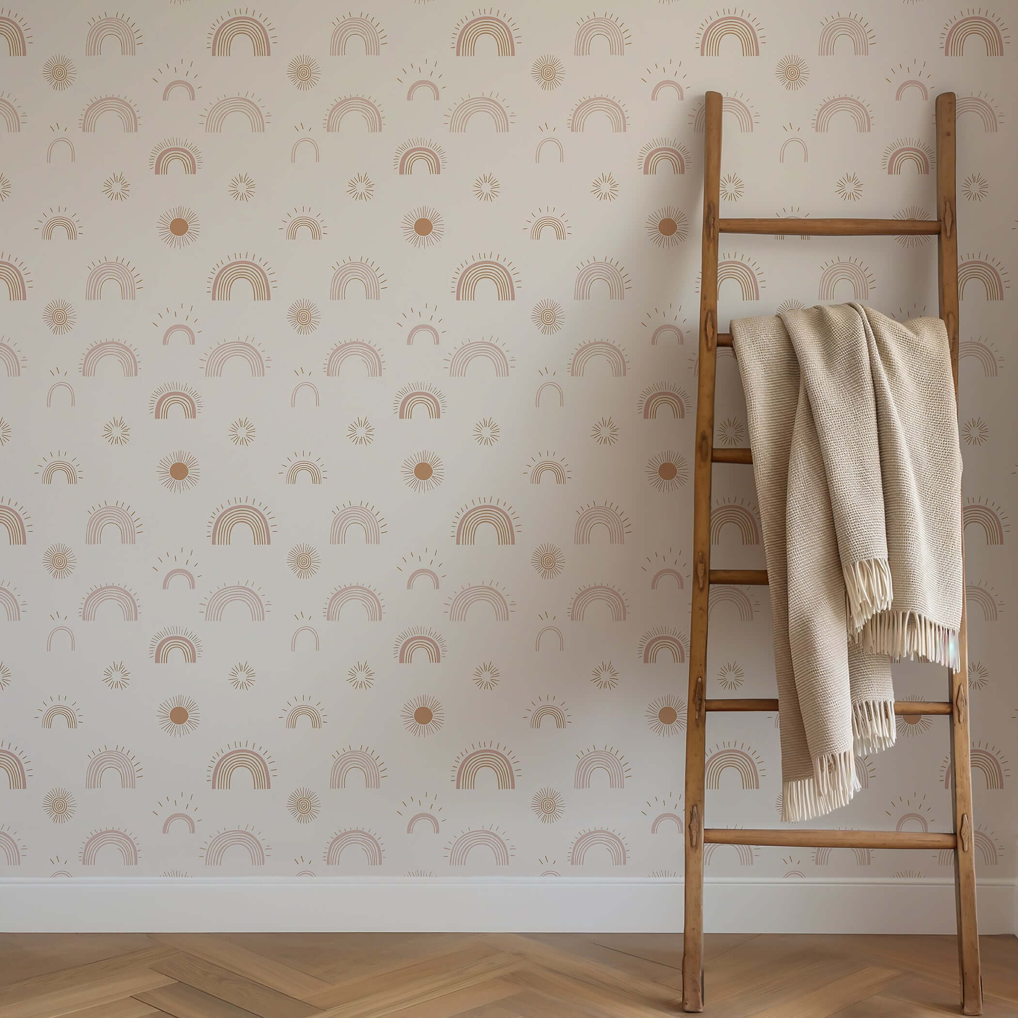 Sunshine and Rainbows wallpaper featuring hand-drawn rainbows and suns in soft blush and tan, perfect for modern nurseries and playrooms.