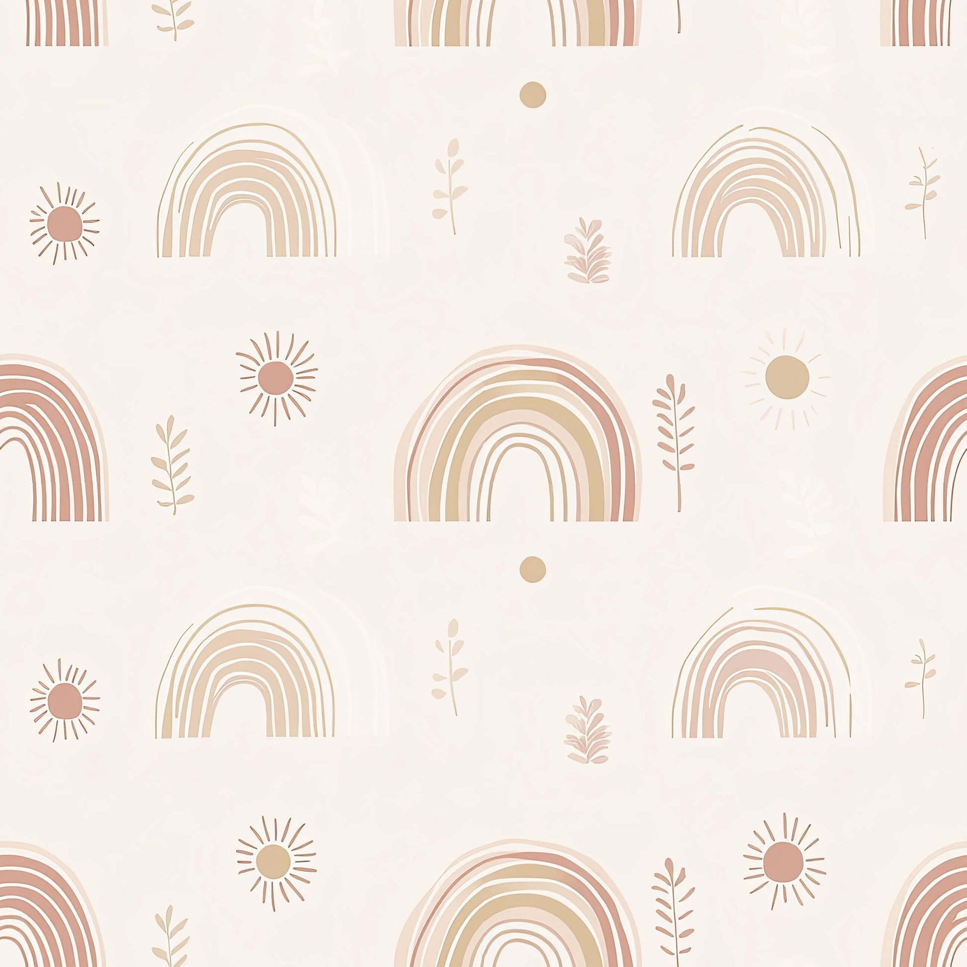Whimsical wallpaper featuring hand-drawn pastel rainbows and suns, perfect for modern nurseries and children's rooms.