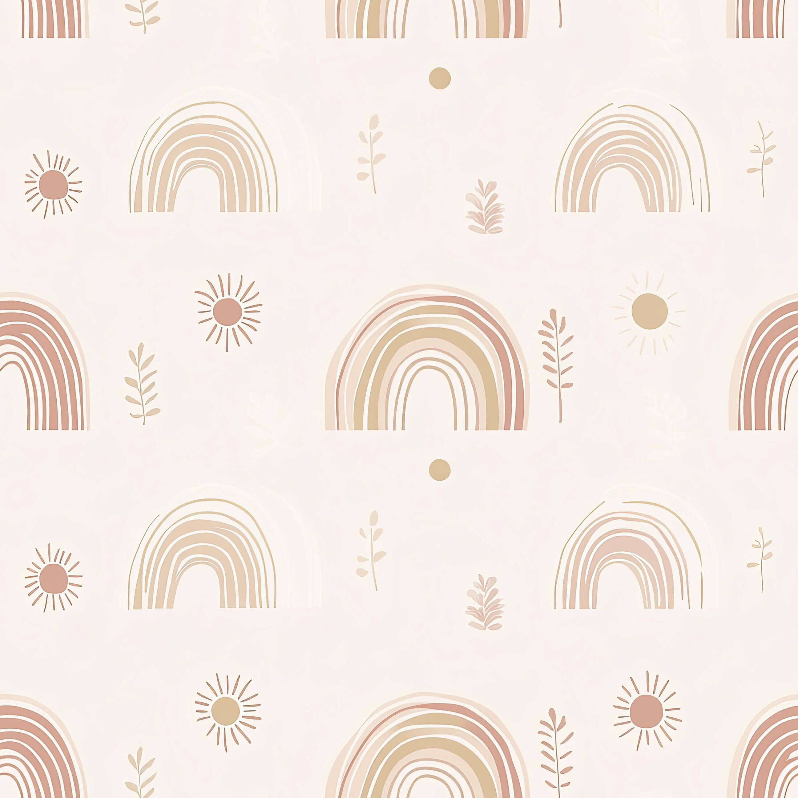 Whimsical wallpaper featuring hand-drawn pastel rainbows and suns, perfect for modern nurseries and children's rooms.