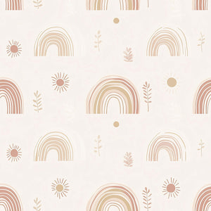 Whimsical wallpaper featuring hand-drawn pastel rainbows and suns, perfect for modern nurseries and children's rooms.