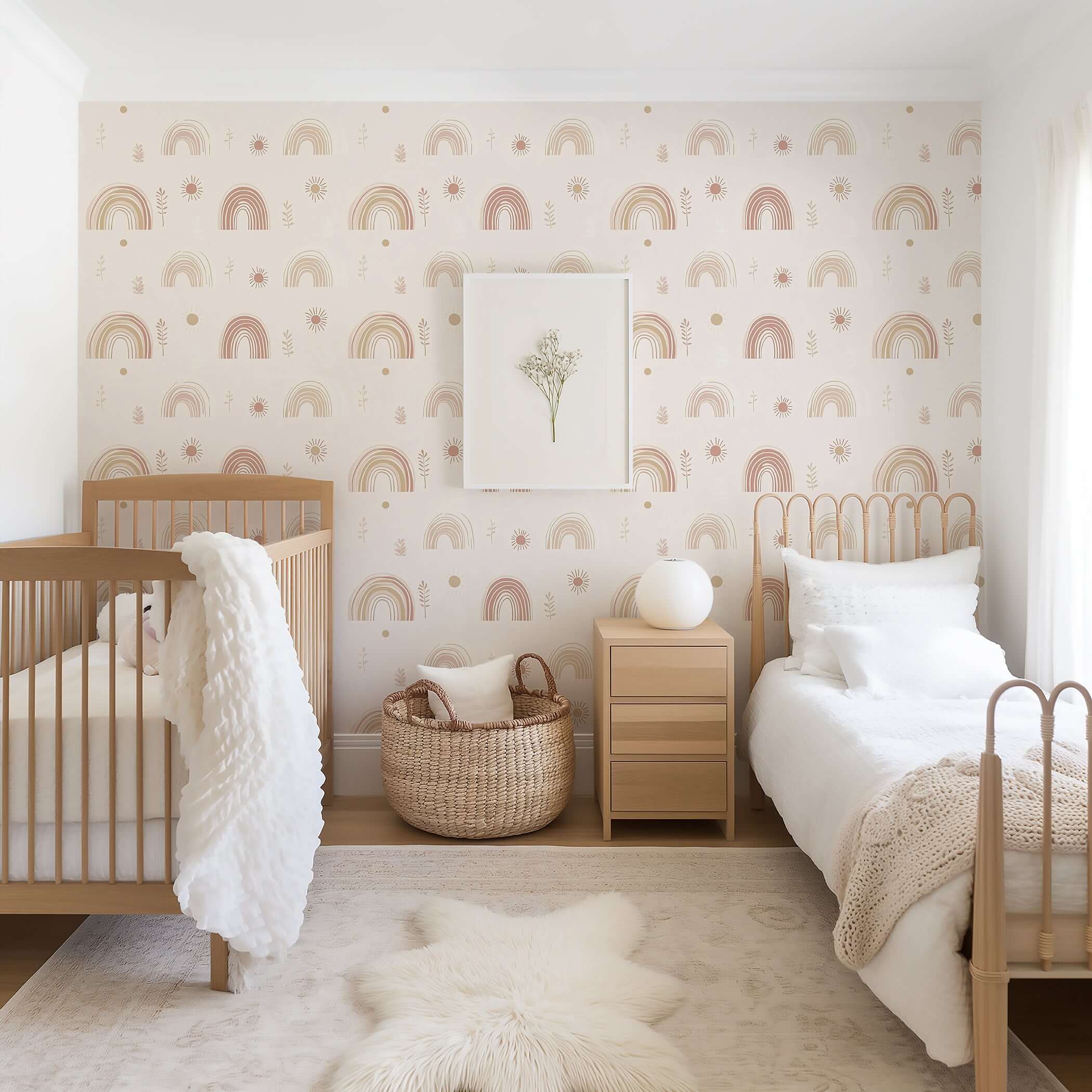 Nursery with Sunshine and Rainbows II Wallpaper featuring pastel rainbows, suns, and foliage on a neutral background. Perfect for modern kids' rooms.