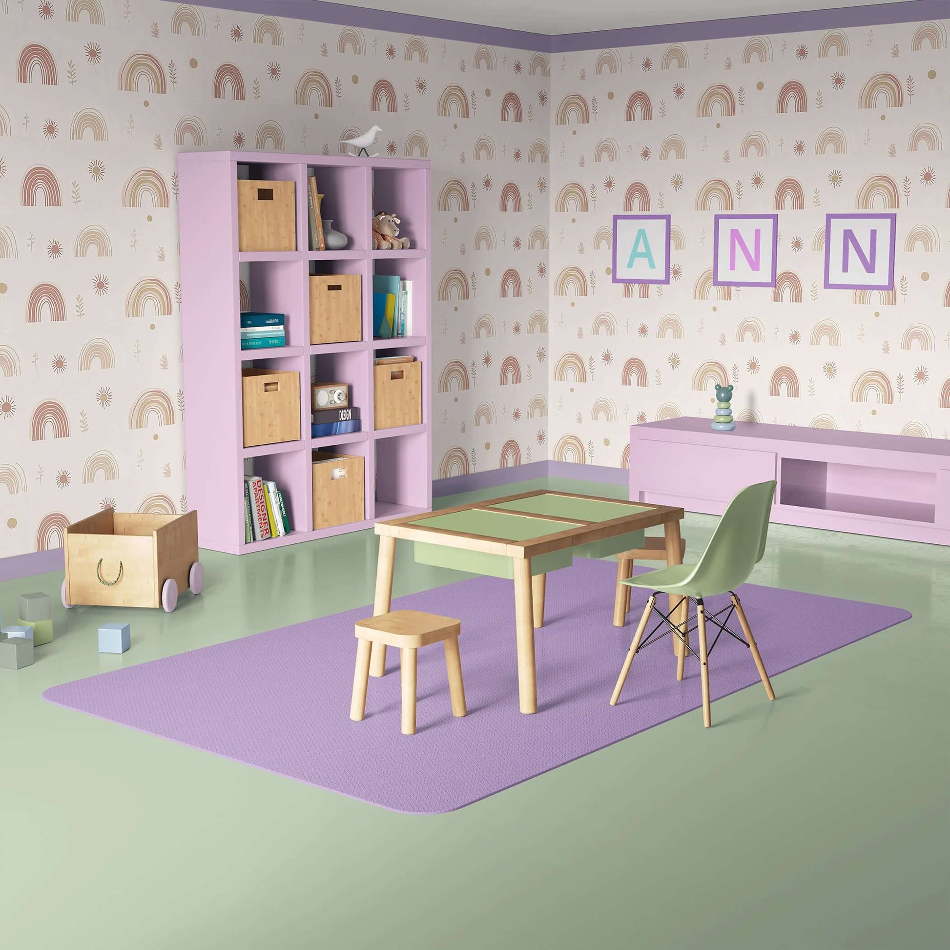 Playroom with Sunshine and Rainbows II Wallpaper featuring soft pastel rainbows, miniature suns, and modern design accents.