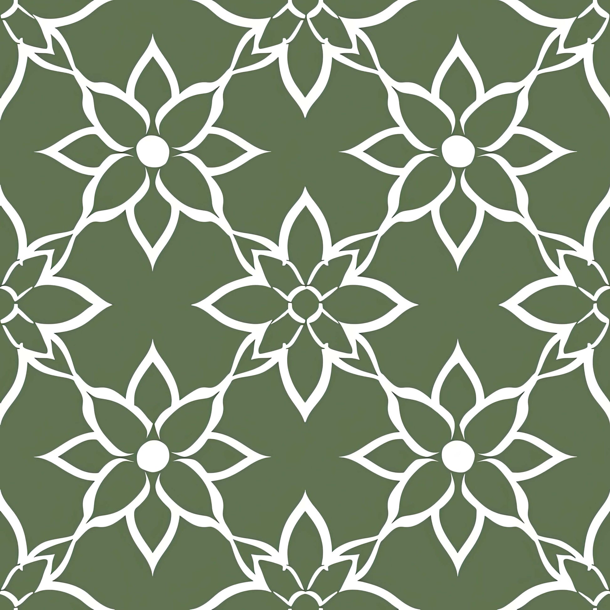 Refined Floral Heritage Wallpaper in stark white floral pattern on deep olive-green, featuring modern geometric design elements.