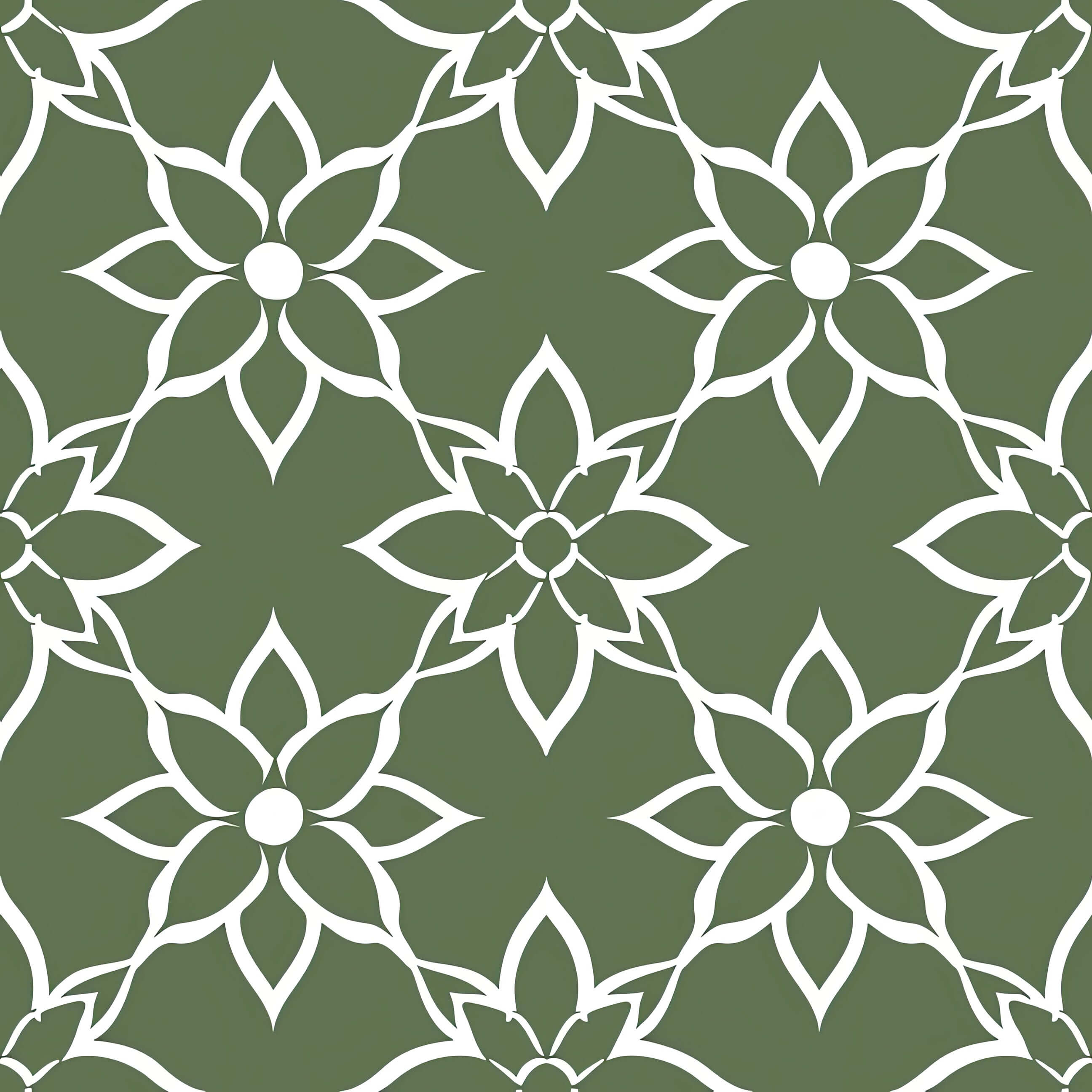 Refined Floral Heritage Wallpaper in stark white floral pattern on deep olive-green, featuring modern geometric design elements.
