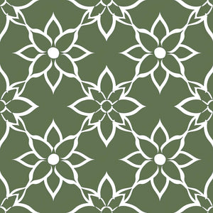 Refined Floral Heritage Wallpaper in stark white floral pattern on deep olive-green, featuring modern geometric design elements.