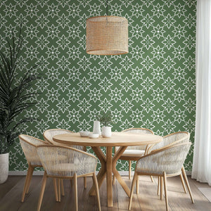 Dining room with Refined Floral Heritage Wallpaper featuring white floral patterns on a green background, modern and elegant decor.