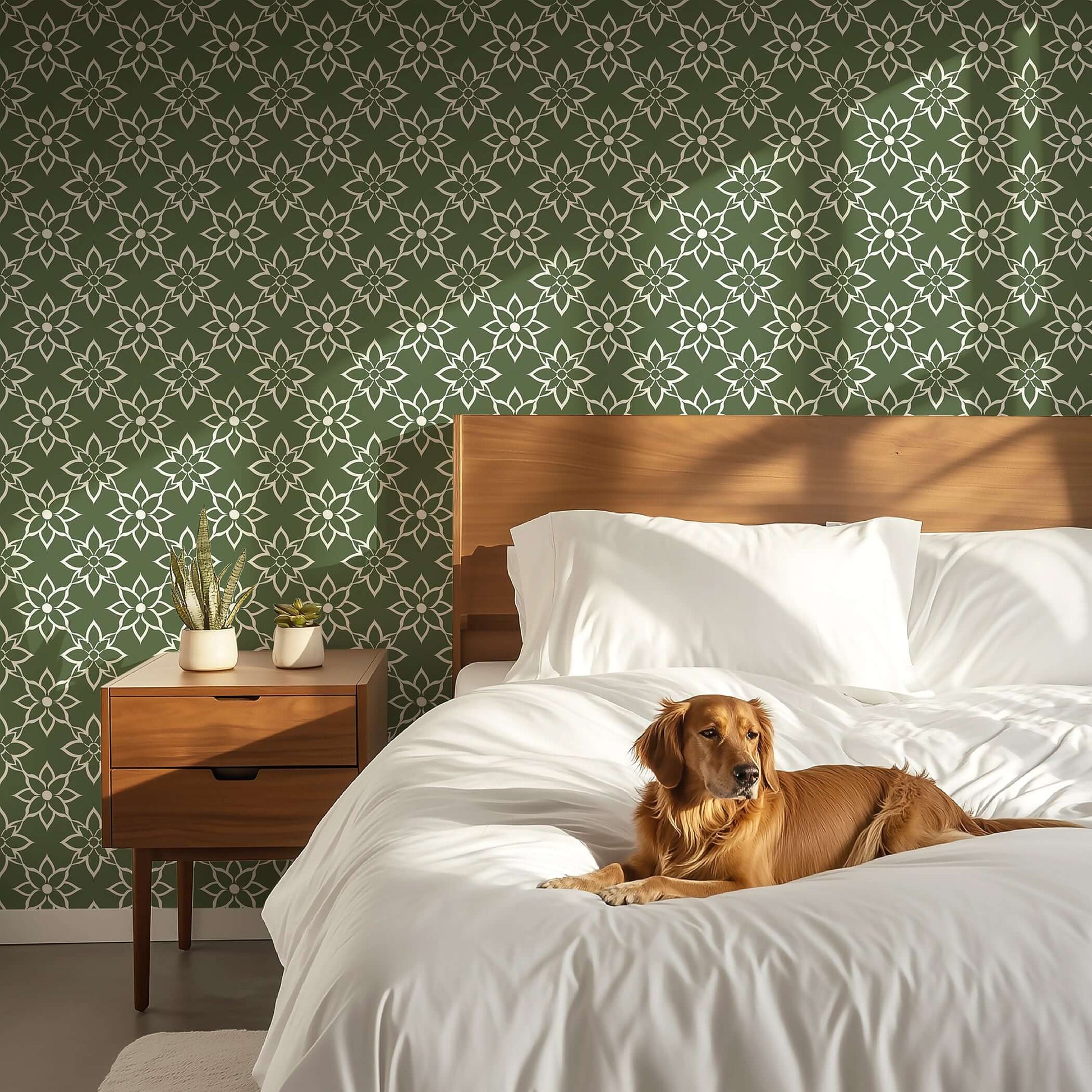 Bedroom with green and white floral wallpaper, modern design with dog on white bed, featuring geometric elegance and timeless charm.