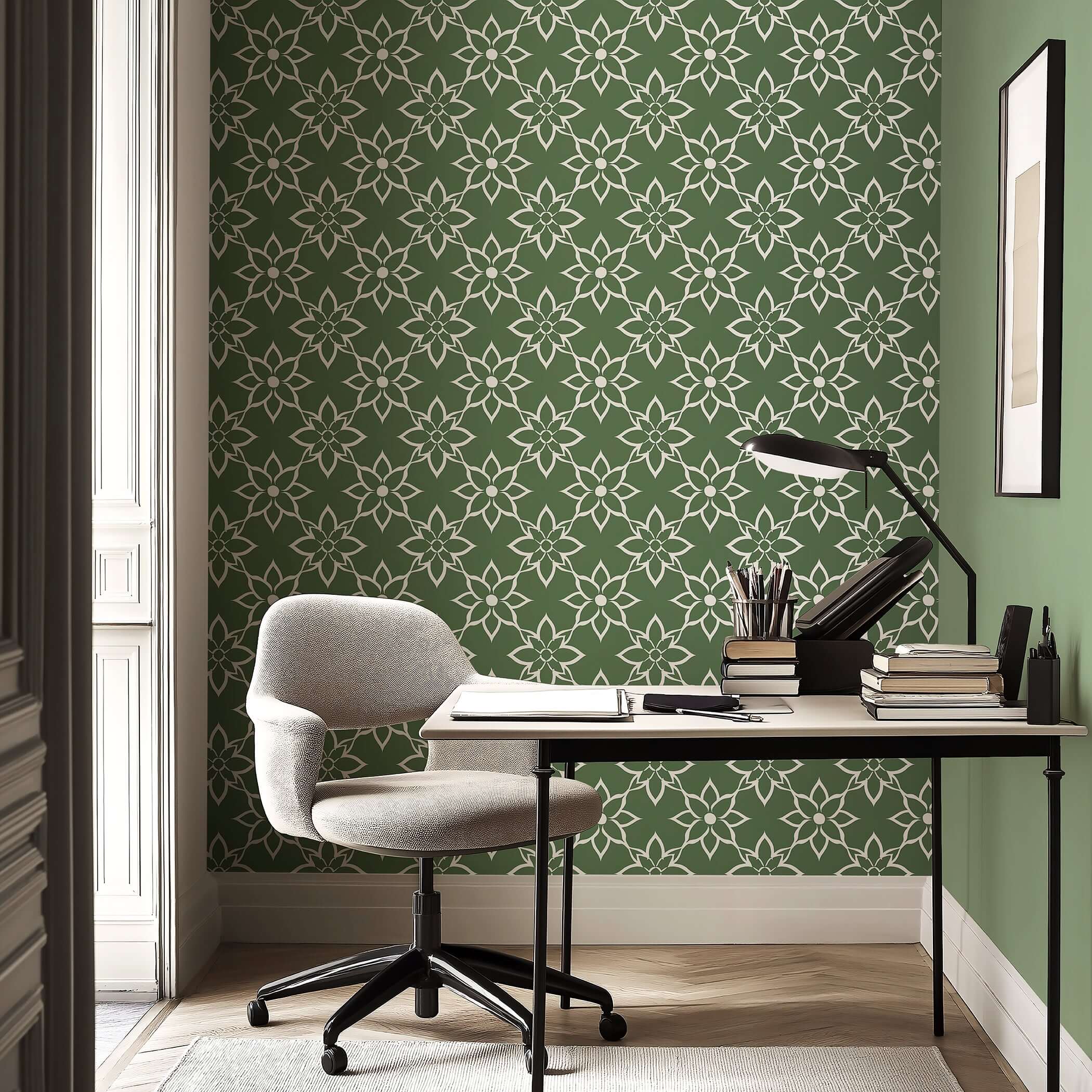 Elegant green and white floral geometric wallpaper in a modern office setting, featuring Refined Floral Heritage design by Wall Artifacts.