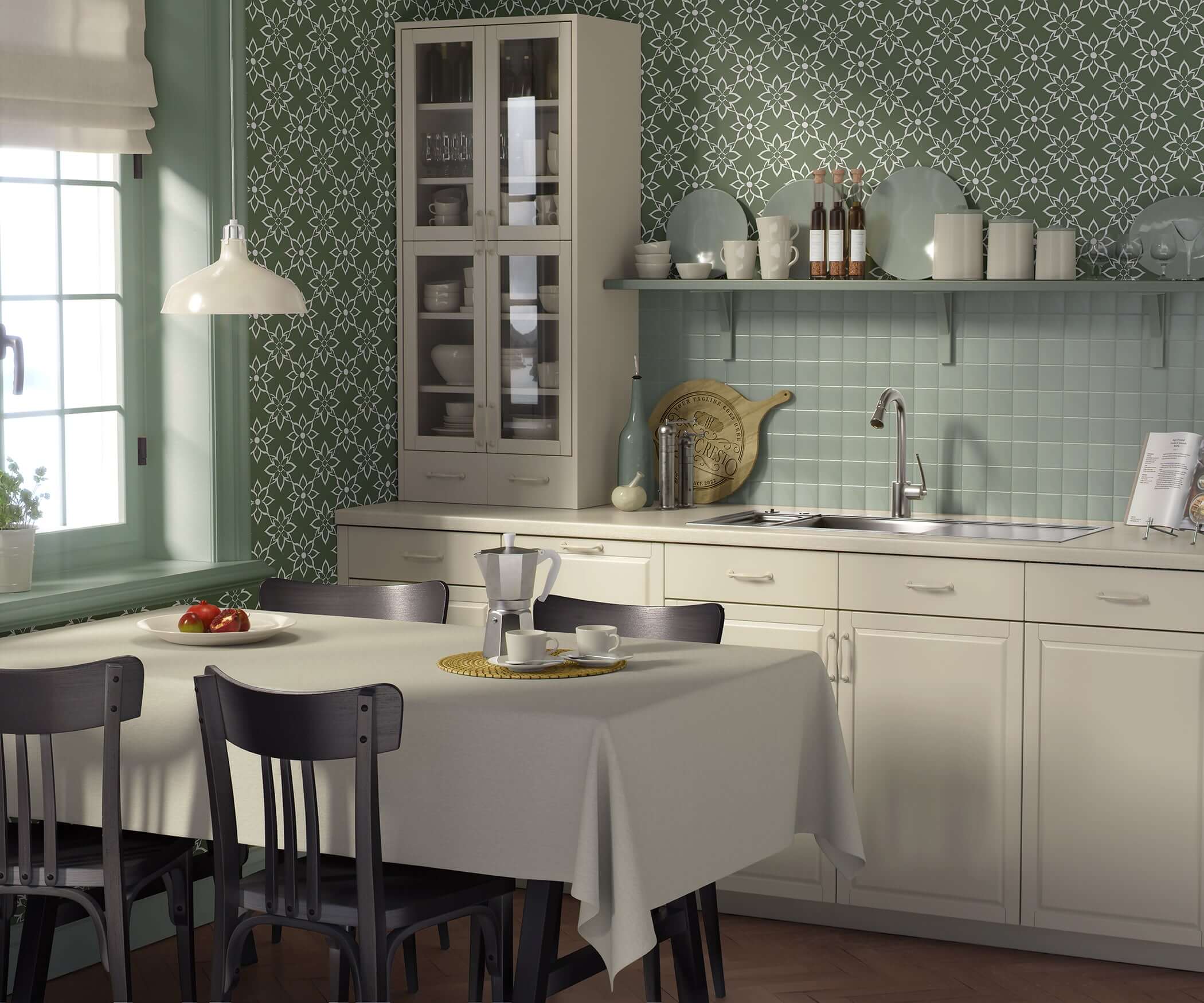 Classic kitchen with green geometric floral wallpaper, white cabinets, and a table set for dining.