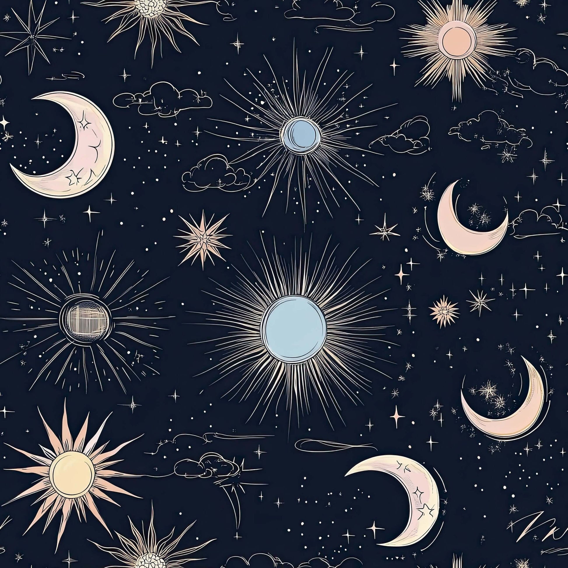 Night sky magic wallpaper with stars, moons, and suns on midnight blue, perfect for modern nursery or playroom design.