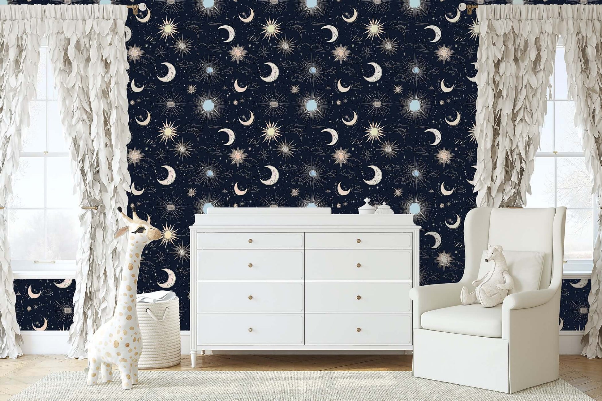 Night Sky Magic Wallpaper in nursery with stars, moons; modern design ideal for children's room or playroom, deep blue cosmic theme.