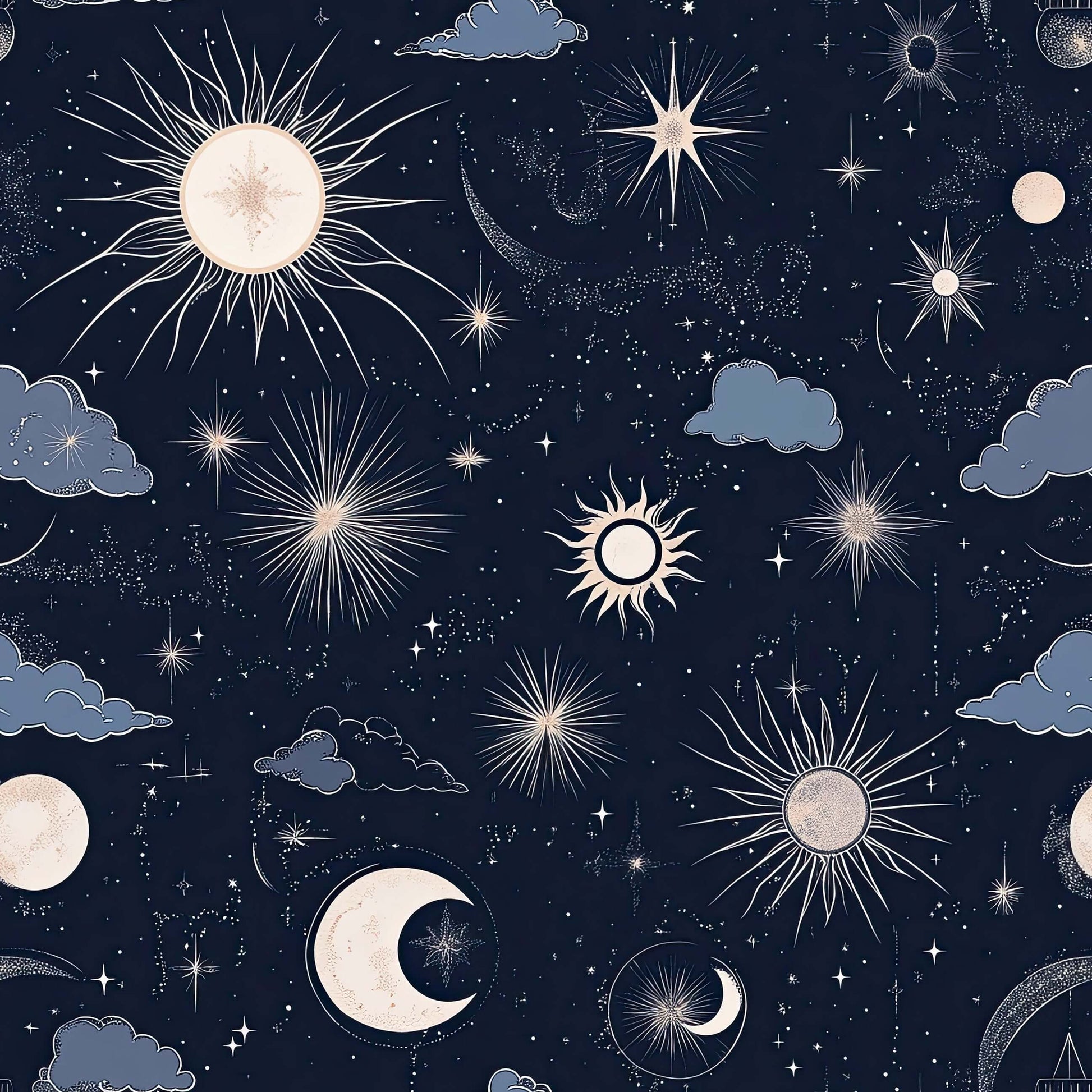 Celestial night sky wallpaper with moons, suns, and stars; perfect for nurseries, playrooms, and modern bedtime landscapes.