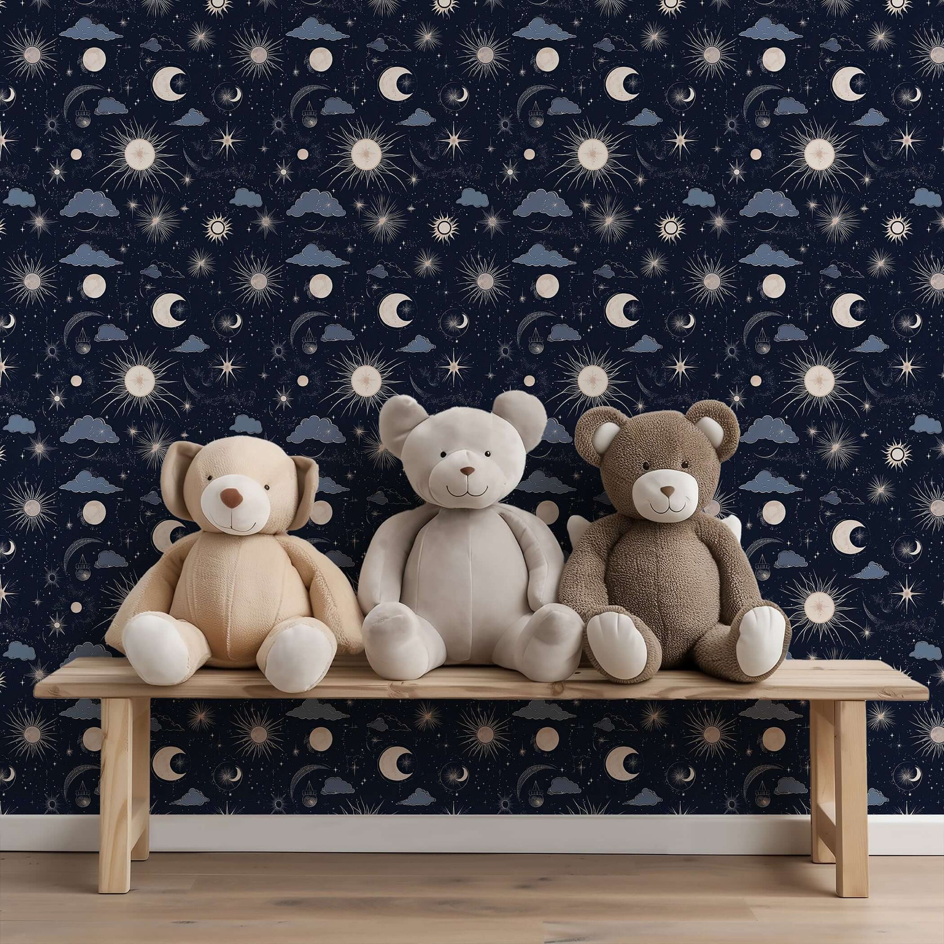 Celestial night sky wallpaper in nursery with teddy bears, featuring moons and stars, ideal for modern children’s rooms and playrooms.