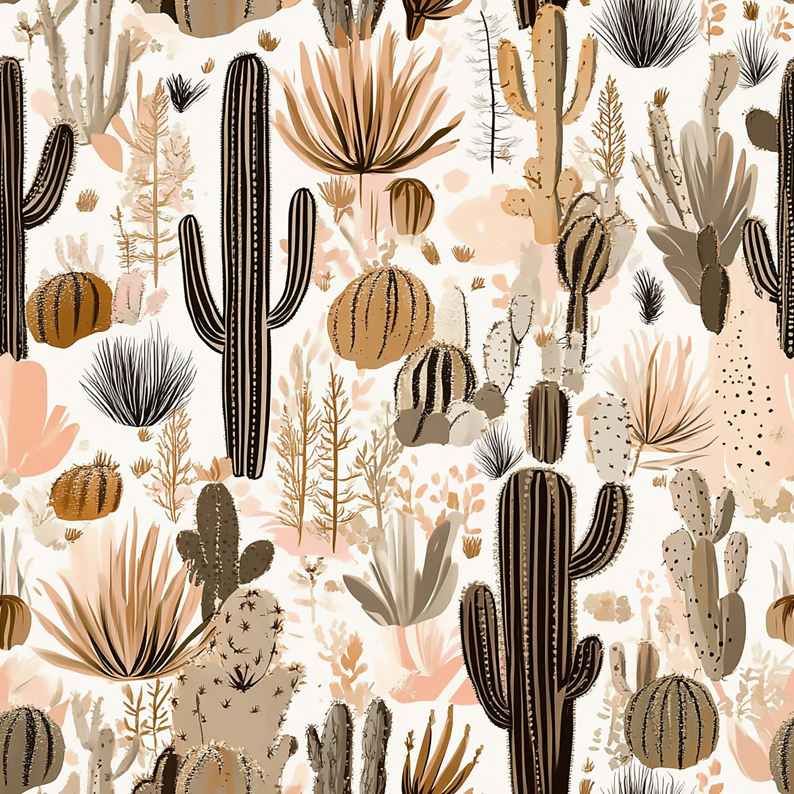 Rustic Desert Blooms Wallpaper featuring hand-drawn cacti and desert plants in earthy tones, perfect for boho-chic decor. Keywords: toile, wallpaper.
