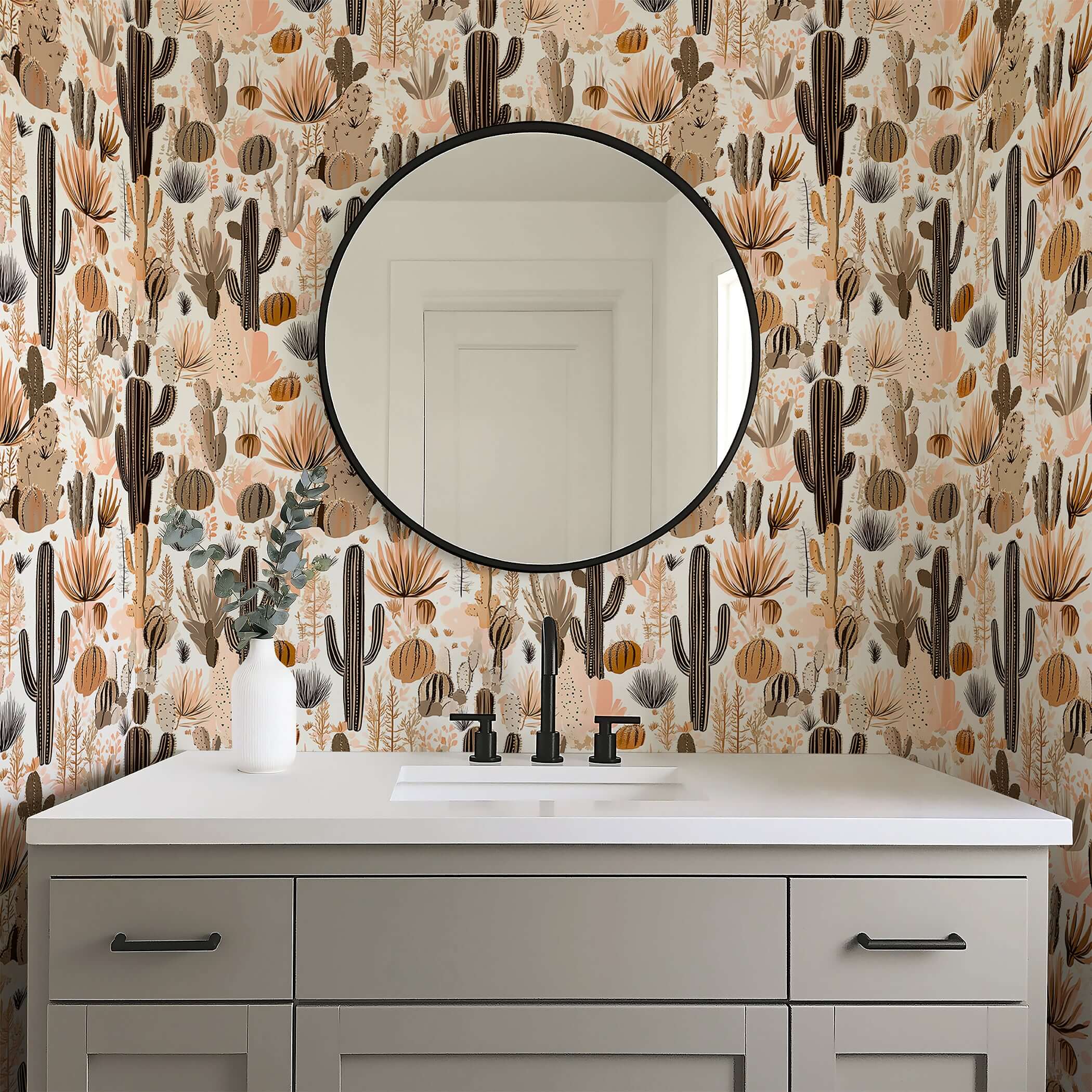 Rustic Desert Blooms Wallpaper with hand-drawn cacti and succulents in boho-chic style, featuring toile patterns and earthy tones.