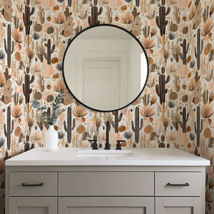 Rustic Desert Blooms Wallpaper with hand-drawn cacti and succulents in boho-chic style, featuring toile patterns and earthy tones.
