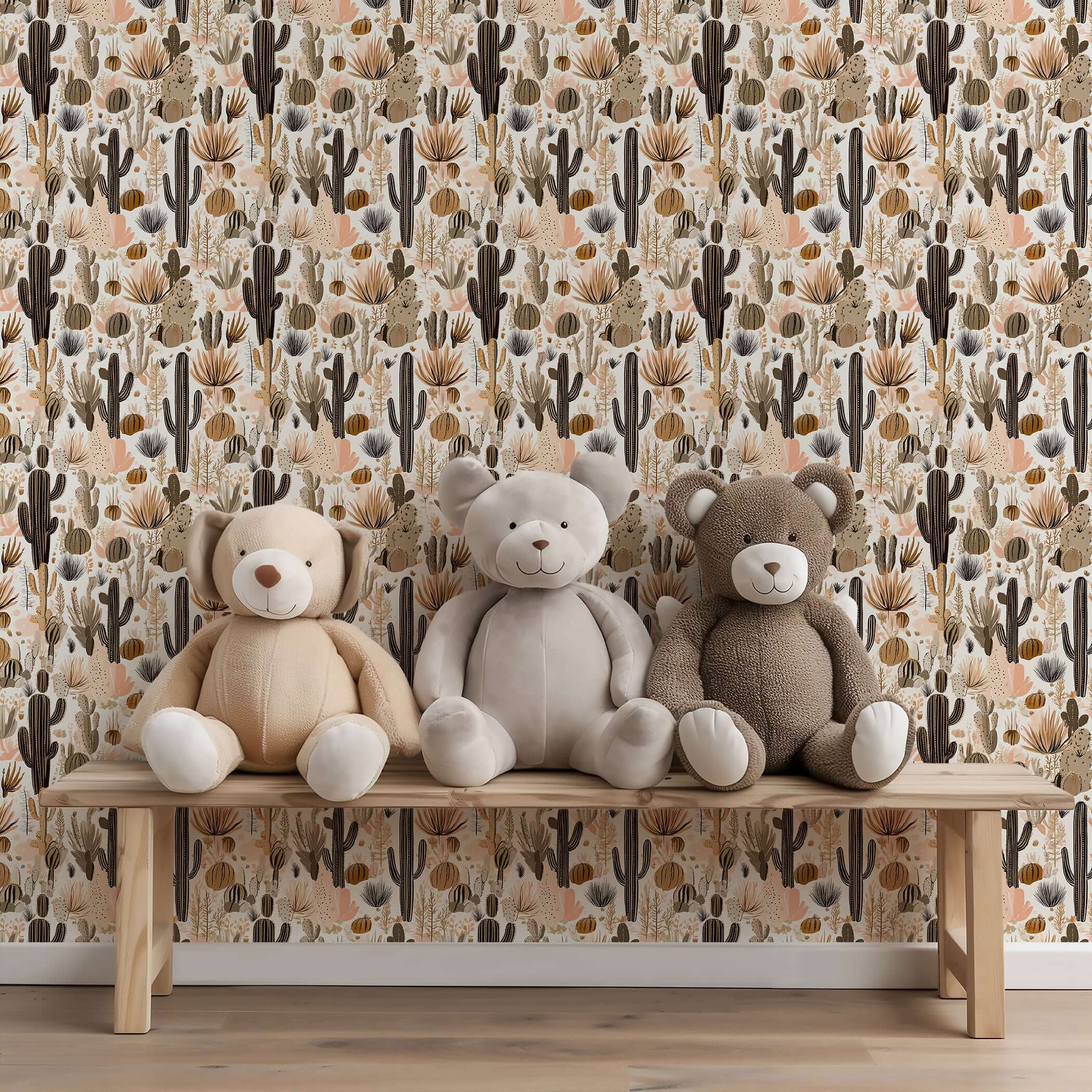 Boho-chic Rustic Desert Blooms wallpaper with hand-drawn cacti behind teddy bears on a bench, inspired by French toile design.