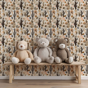 Boho-chic Rustic Desert Blooms wallpaper with hand-drawn cacti behind teddy bears on a bench, inspired by French toile design.