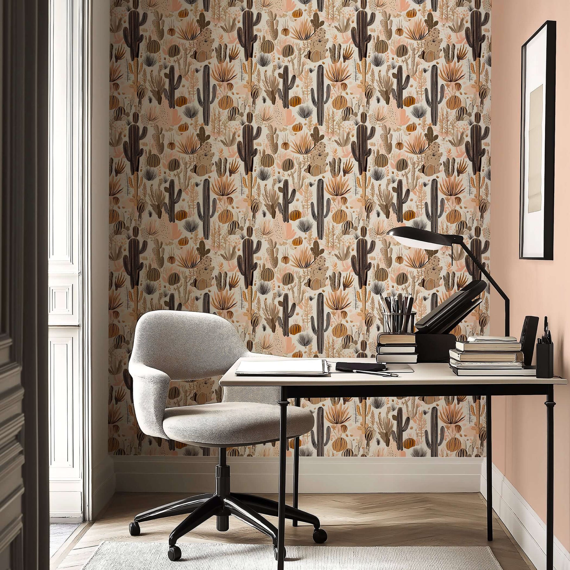 Rustic Desert Blooms wallpaper with French toile style featuring hand-drawn cacti and succulents in earthy tones, creating boho-chic decor.