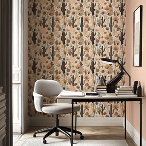 Rustic Desert Blooms wallpaper with French toile style featuring hand-drawn cacti and succulents in earthy tones, creating boho-chic decor.
