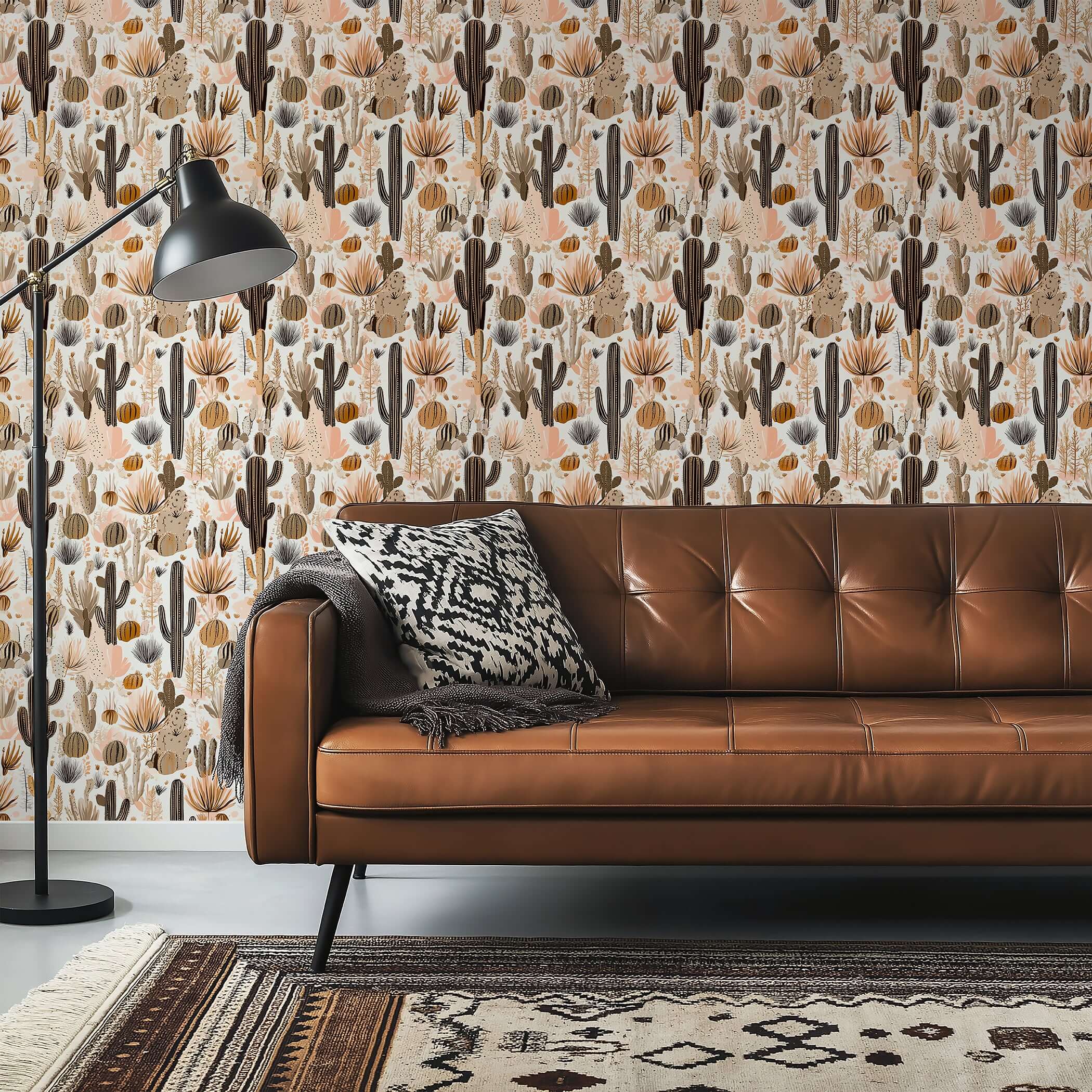 Rustic Desert Blooms wallpaper with cacti in earthy tones, featuring French toile design behind a leather couch and lamp in living room.