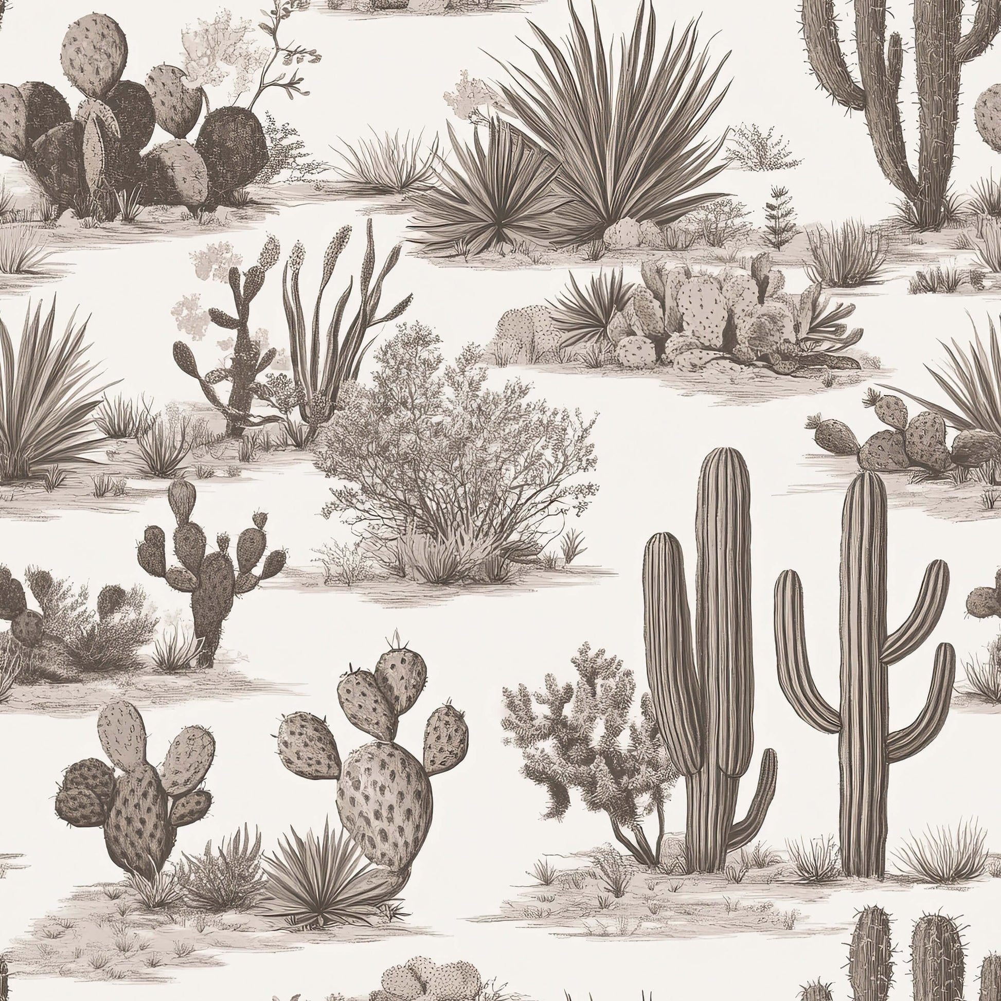 Elegant wallpaper featuring French toile patterns with cacti and desert landscapes in neutral tones, perfect for modern interiors.