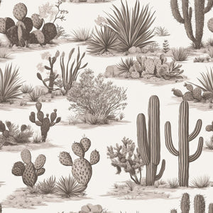 Elegant wallpaper featuring French toile patterns with cacti and desert landscapes in neutral tones, perfect for modern interiors.