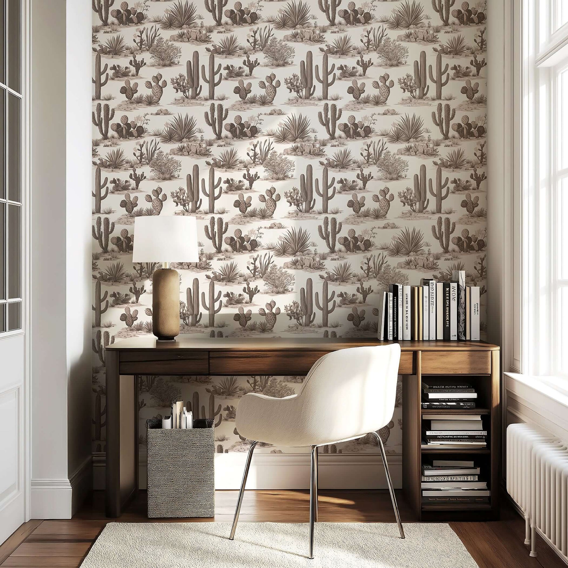 Elegant wallpaper featuring desert-inspired French toile design with cacti and succulents, perfect for stylish interior decor.