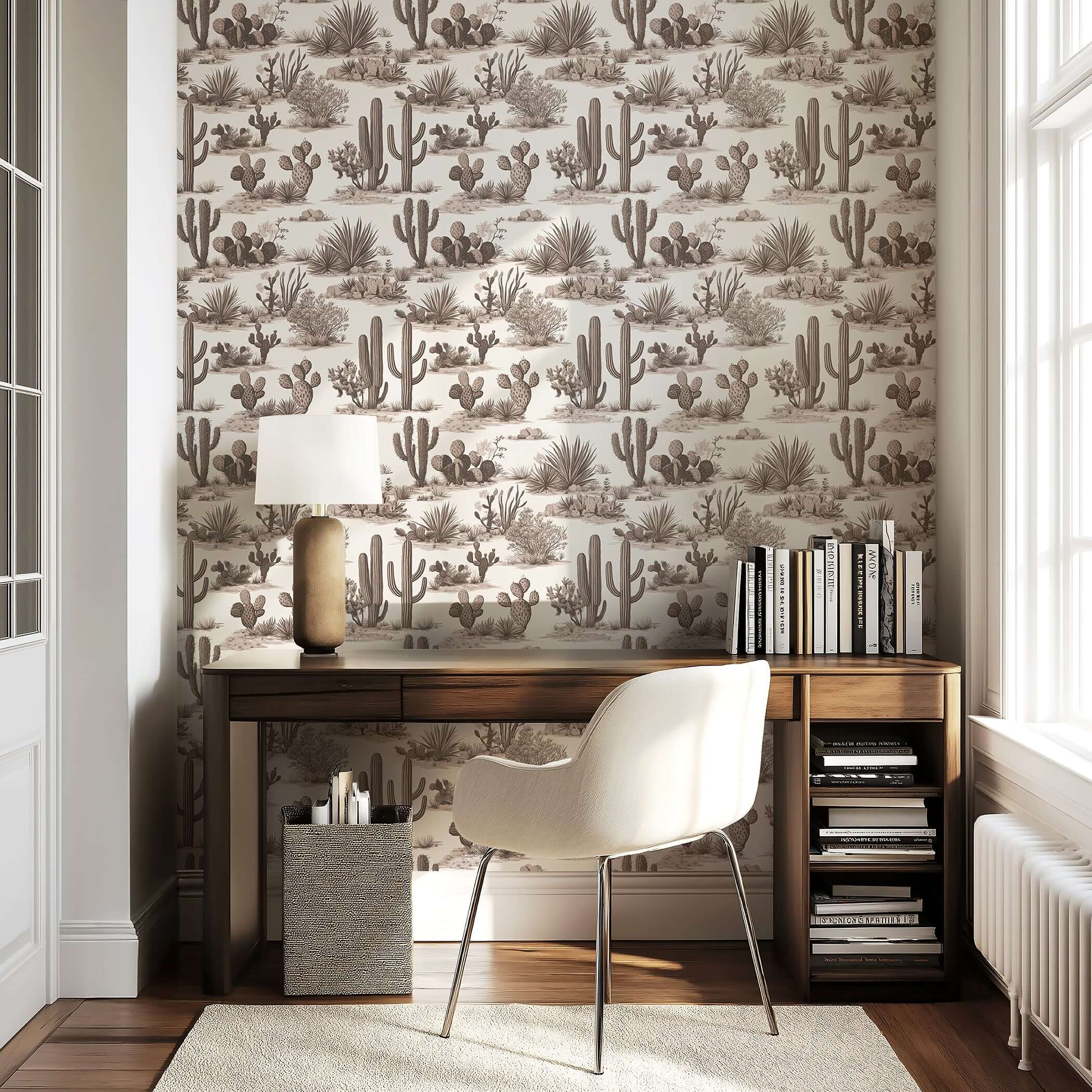 Elegant wallpaper featuring desert-inspired French toile design with cacti and succulents, perfect for stylish interior decor.