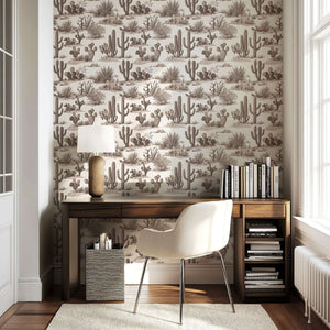 Elegant wallpaper featuring desert-inspired French toile design with cacti and succulents, perfect for stylish interior decor.