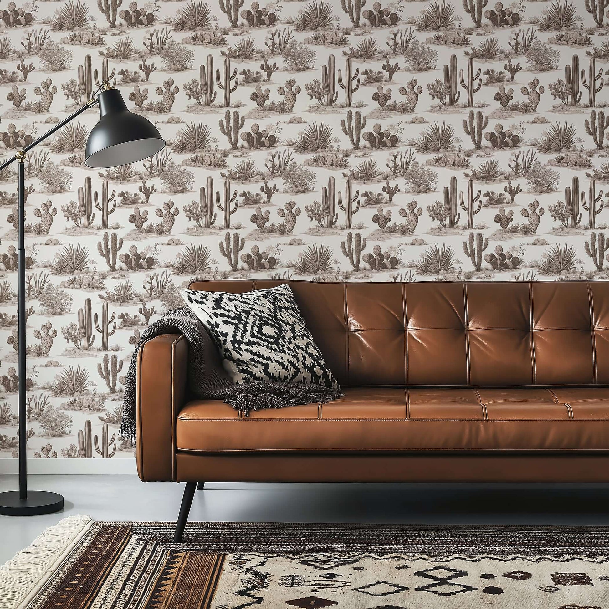 "Desert Toile Elegance" wallpaper with cacti and succulents, featuring a monochrome desert design behind a brown leather sofa.